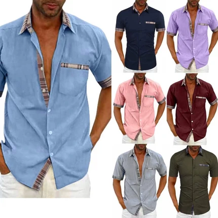 Men's Contrast Short Sleeve Button-Up Shirt – Casual Fashion Fit