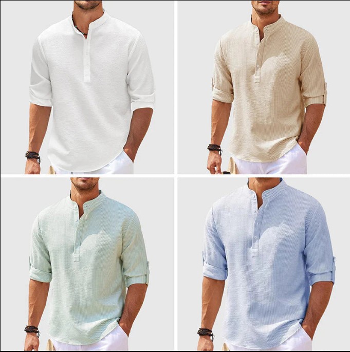 Men's Casual Shirt  Long Sleeve Stand Collar Solid Color Shirt Mens Clothing